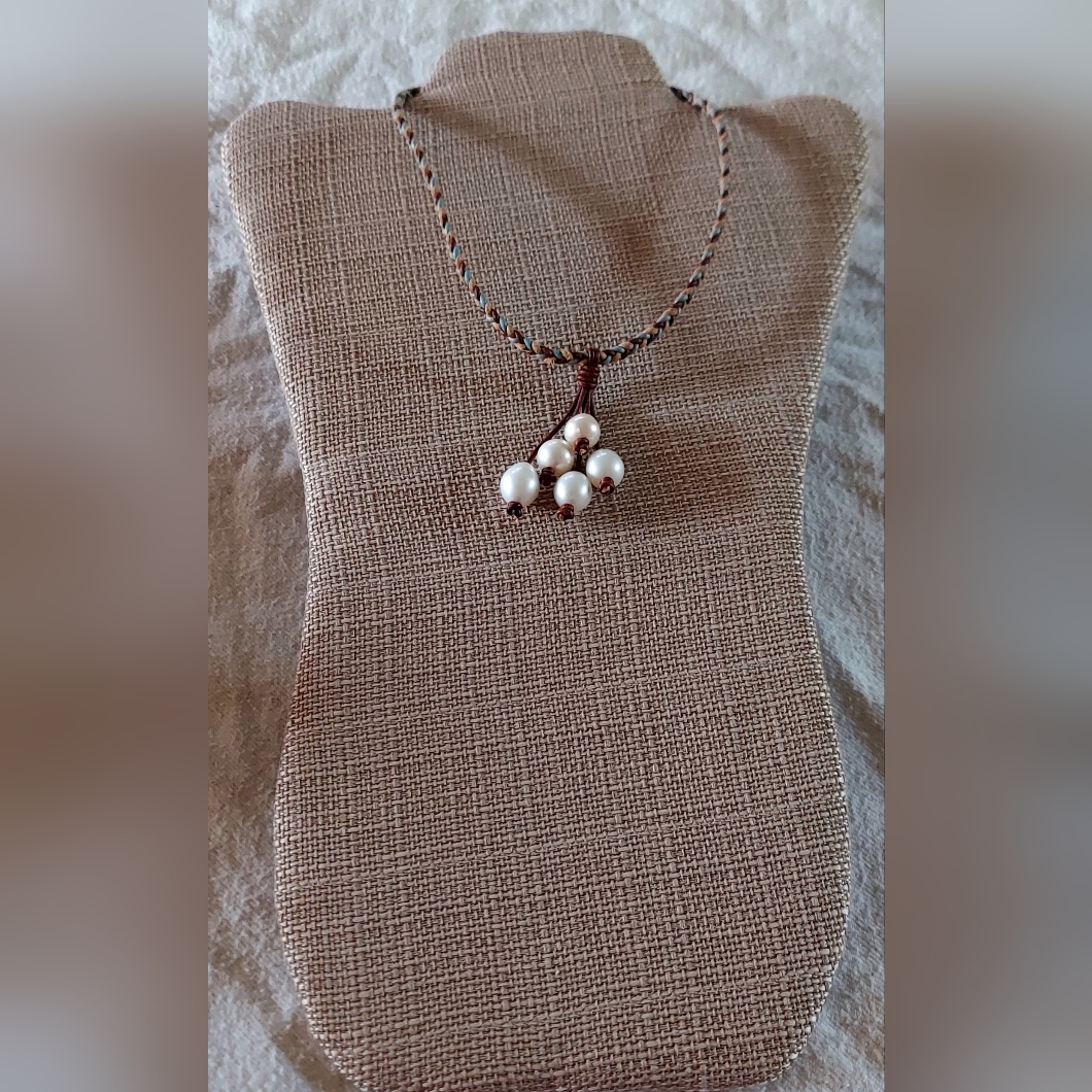 Handmade Braided Lt. Blue, Tan & Brown Leather & White Pearl Dangle Necklace